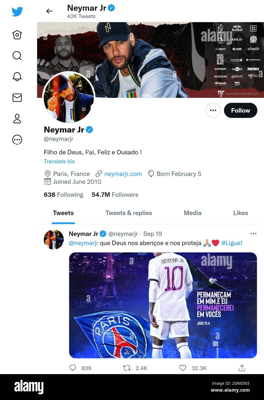 Twitter page (Sept 2021) of Neymar Jr Stock Photo
