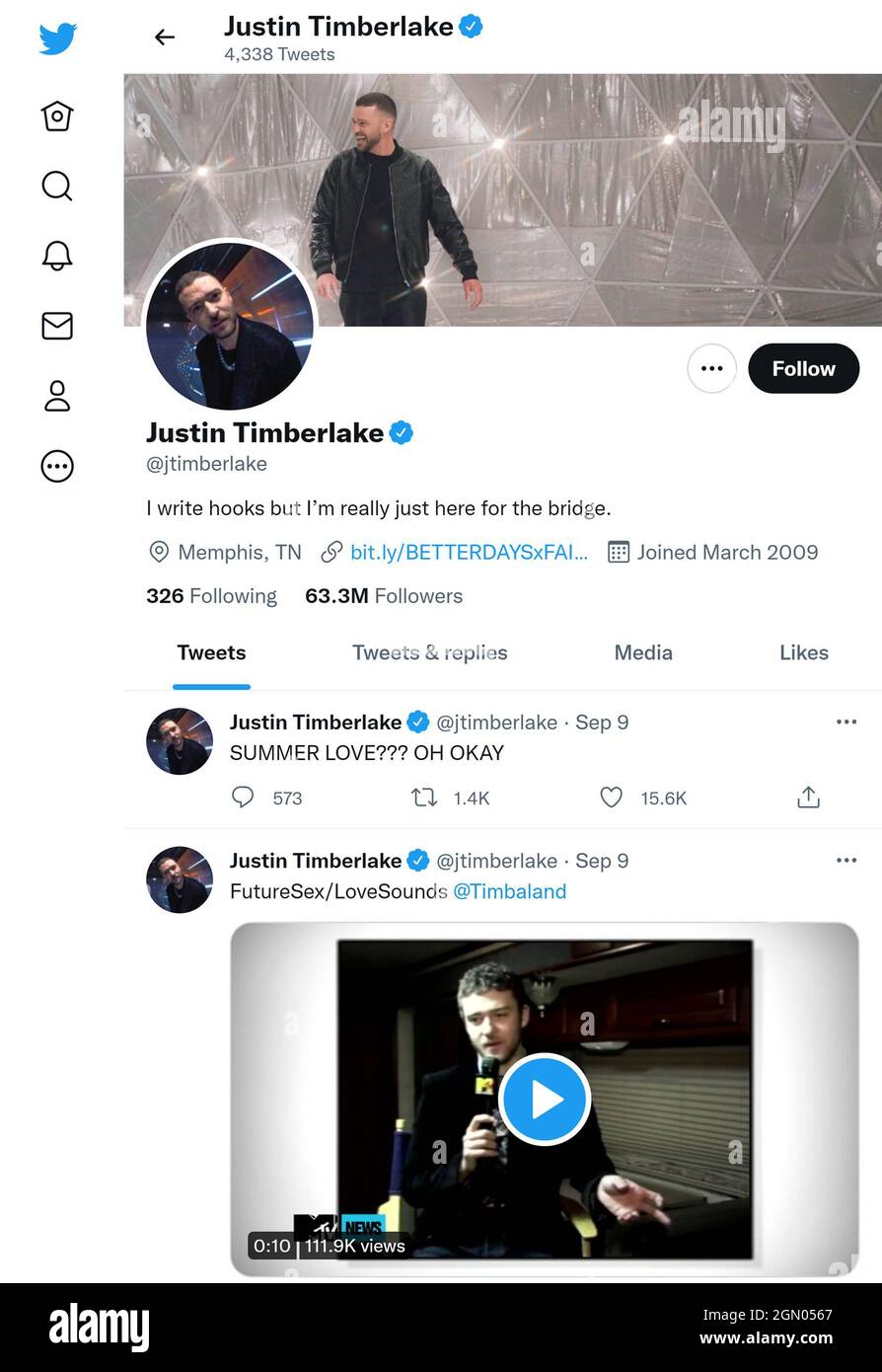 Twitter page (Sept 2021) of Justin Timberlake Stock Photo