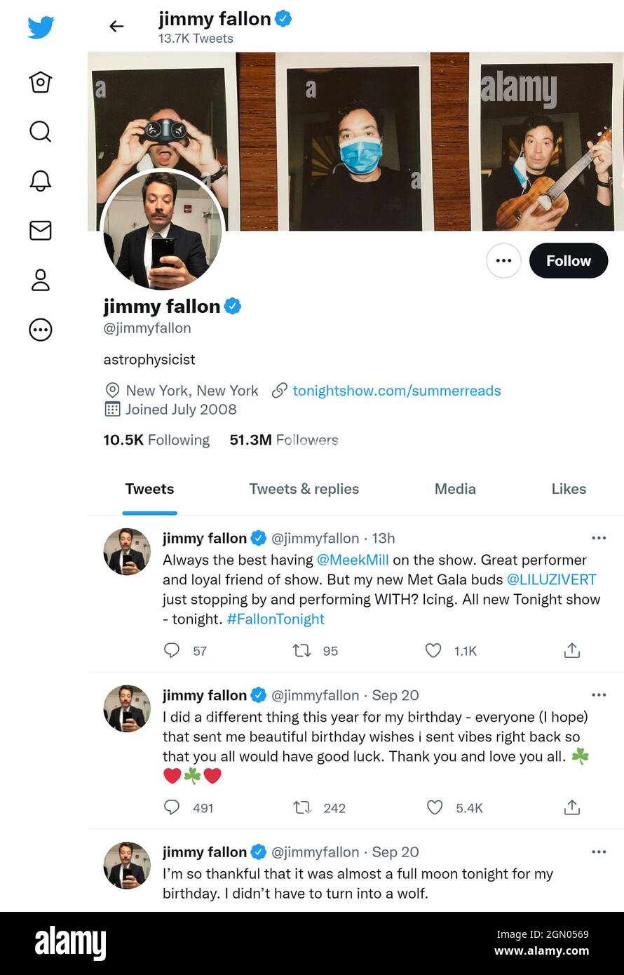 Twitter page (Sept 2021) of Jimmy Fallon Stock Photo