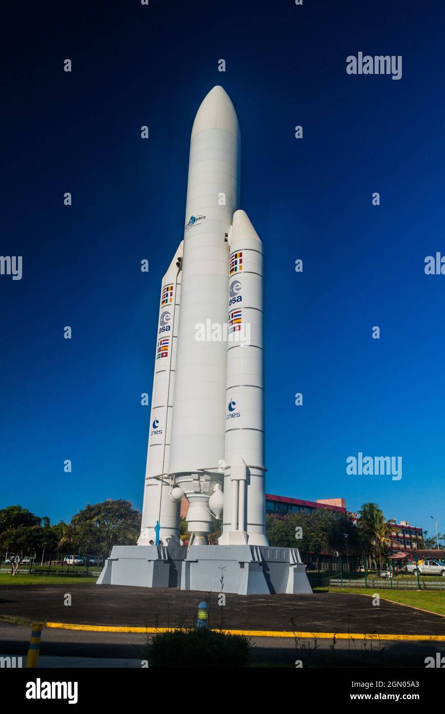 KOUROU, FRENCH GUIANA - AUGUST 4, 2015: Model of Ariane 5  space rocket at Centre Spatial Guyanais (Guiana Space Centre) in Kourou, French Guiana Stock Photo