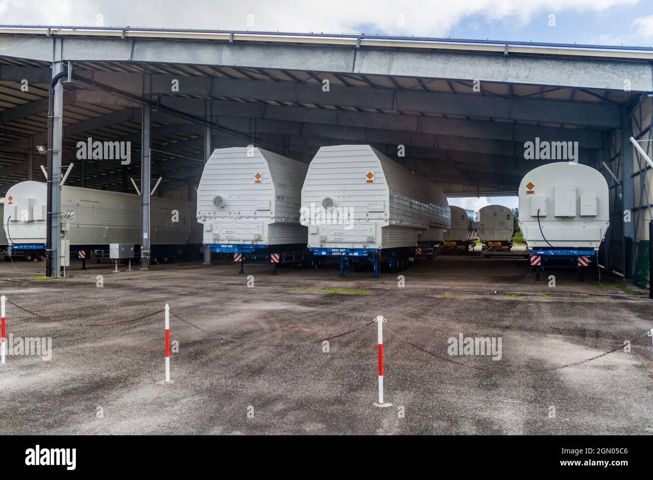 KOUROU, FRENCH GUIANA - AUGUST 4, 2015: Segments of Soyuz rockets at Soyuz Launch Complex at Centre Spatial Guyanais (Guiana Space Centre) in Kourou, Stock Photo