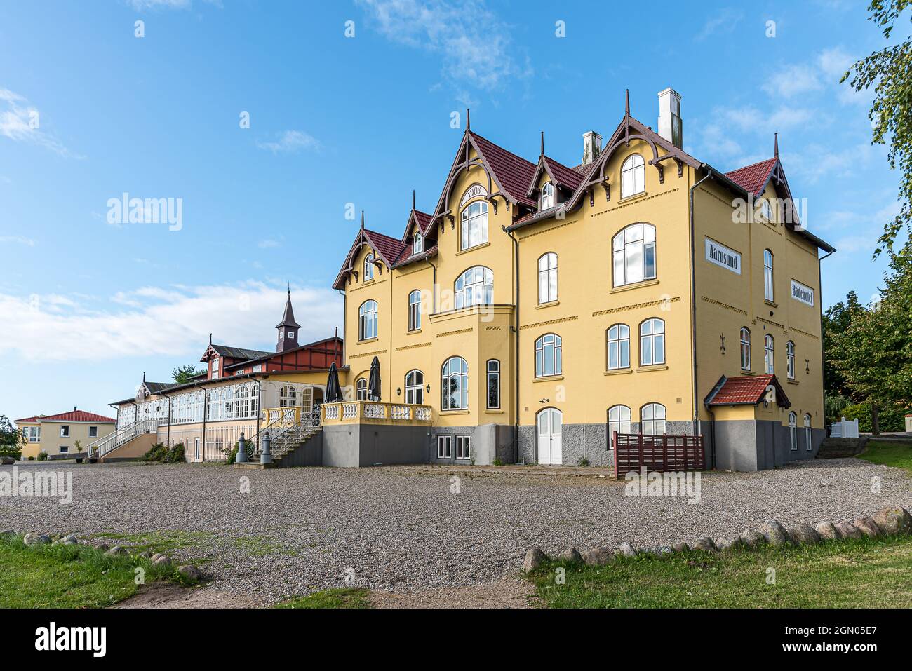 Historic seaside hotel in the center of Aarøsund was built in the early 1900s, it has an famous gourmet rstaurant called the emperor´s saloon, Åarøsun Stock Photo
