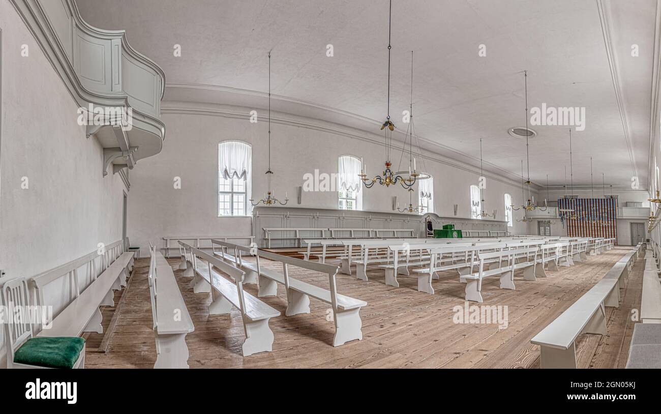 Benches inside the Moravian Church in Christiansfeld, built in August 1777, Christiansfeld, August 26, 2021 Stock Photo