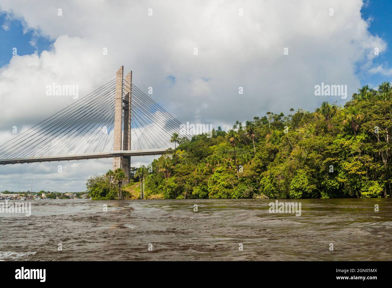 Bridge over river Oyapock (Oiapoque) between French Guiana and Brazil Stock Photo