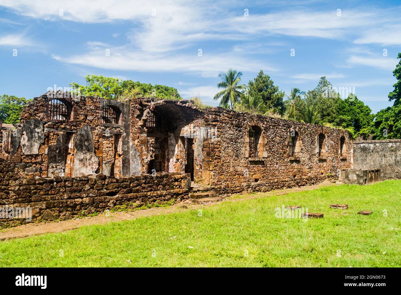 Ruins of former penal colony at Ile Royale, one of the islands of Iles du Salut (Islands of Salvation) in French Guiana Stock Photo