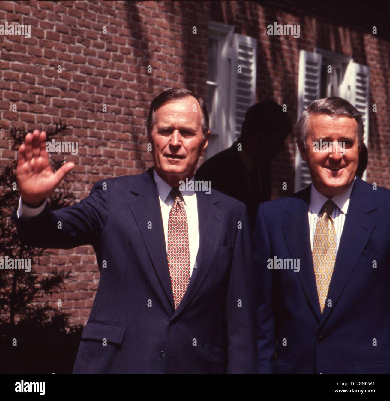 Houston Texas USA, July 1990: 1990 President George H.W. Bush with Canada Prime Minister Brian Mulroney during the 1990 Economic Summit of Industrialized Nations. ©Bob Daemmrich Stock Photo