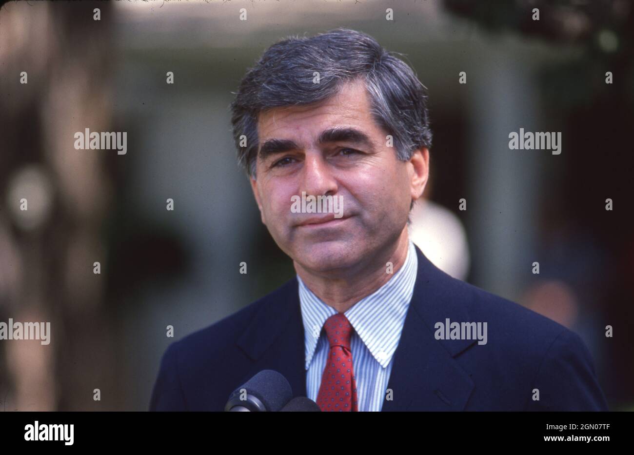 Austin Texas USA, 1988: Democratic presidential candidate and former Massachusetts governor Michael Dukakis campaigning at the LBJ Library  prior to the November presidential election. ©Bob Daemmrich Stock Photo