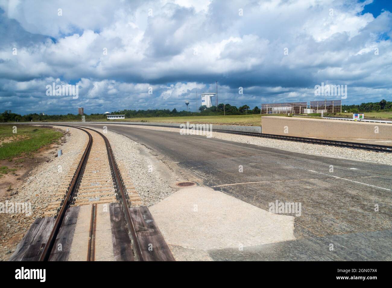Rocket transport tracks at Centre Spatial Guyanais (Guiana Space Centre) in Kourou, French Guiana Stock Photo
