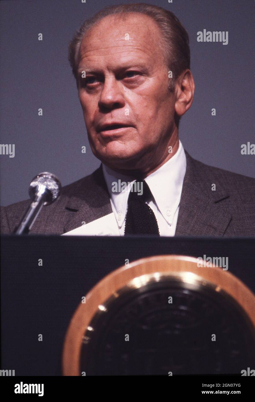 Austin Texas USA, circa 1987: Former U.S. President Gerald R. Ford speaking at the University of Texas at Austin. ©Bob Daemmrich Stock Photo