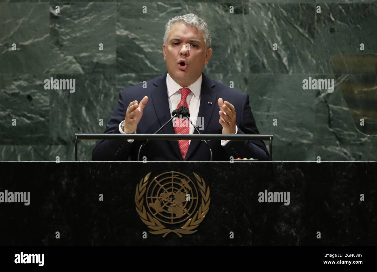 New York, United States. 21st Sep, 2021. Colombia's President Ivan Duque addresses the 76th Session of the U.N. General Assembly on Tuesday, Sept. 21, 2021 in New York City. (Pool Photo by John Minchillo/UPI) Credit: UPI/Alamy Live News Stock Photo