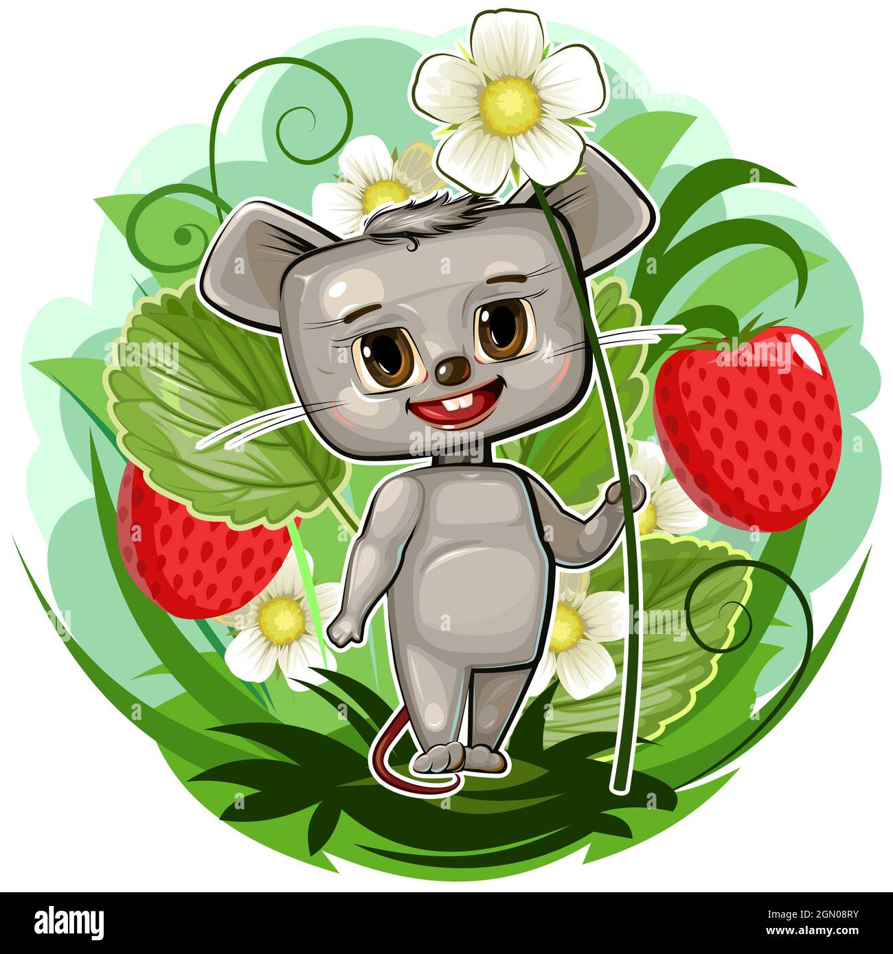 Baby Mouse in a strawberry bush with a flower. A young gardener grows berries. Fairy-tale character. Children's illustration. Beautiful cartoon style. Stock Vector