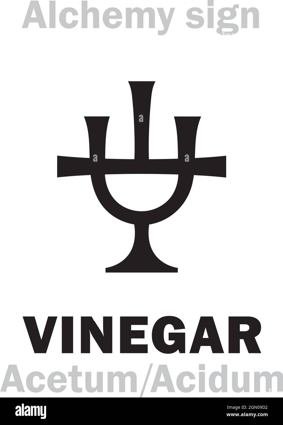 Alchemy Alphabet: ACID (Acidum) / VINEGAR (Acetum) < «Vyn egre» sour wine < Lat.: vinum (wine) + acer (sour) — corrosive sour-tasting liquid, oxidant. Stock Vector