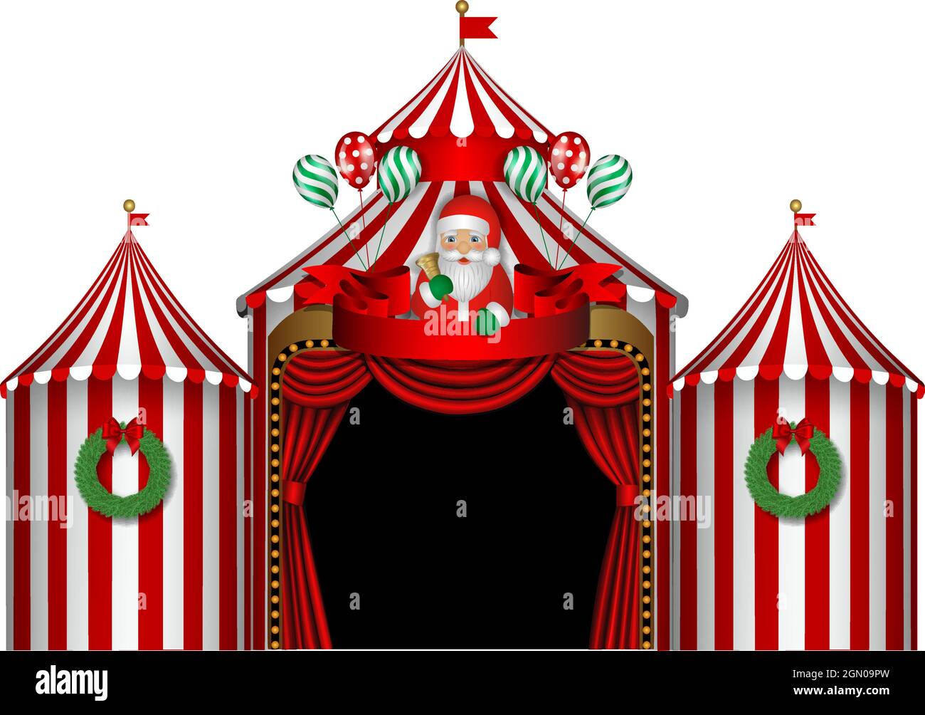 Christmas circus with santa claus, wreaths and balloons Stock Vector