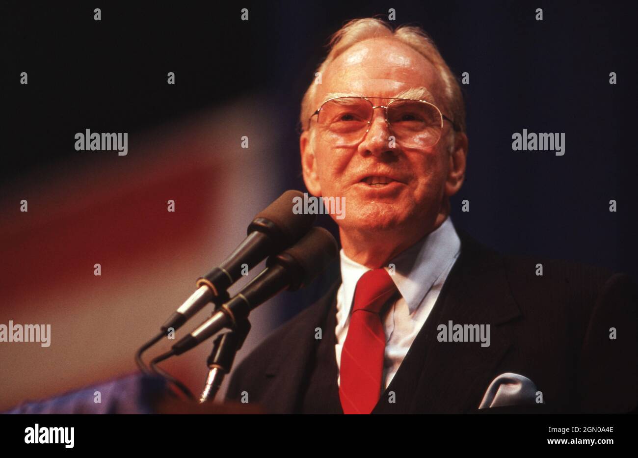 June 1988: Congressional leader Jim Wright, Speaker of the House of Representatives, presents a keynote address at the Texas Democratic Convention. ©Bob Daemmrich Stock Photo