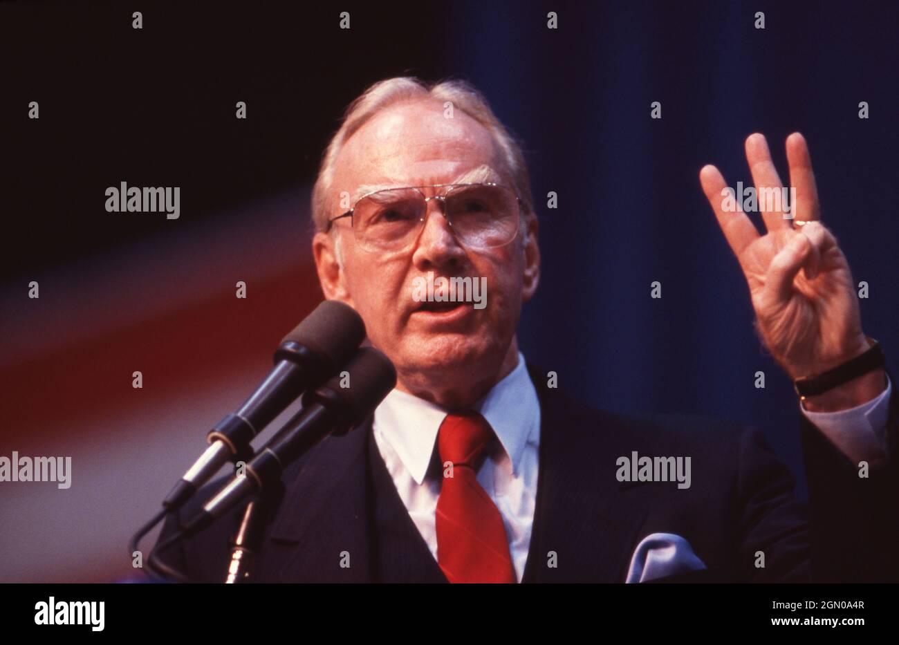 June 1988: Congressional leader Jim Wright, Speaker of the House of Representatives, presents a keynote address at the Texas Democratic Convention. ©Bob Daemmrich Stock Photo