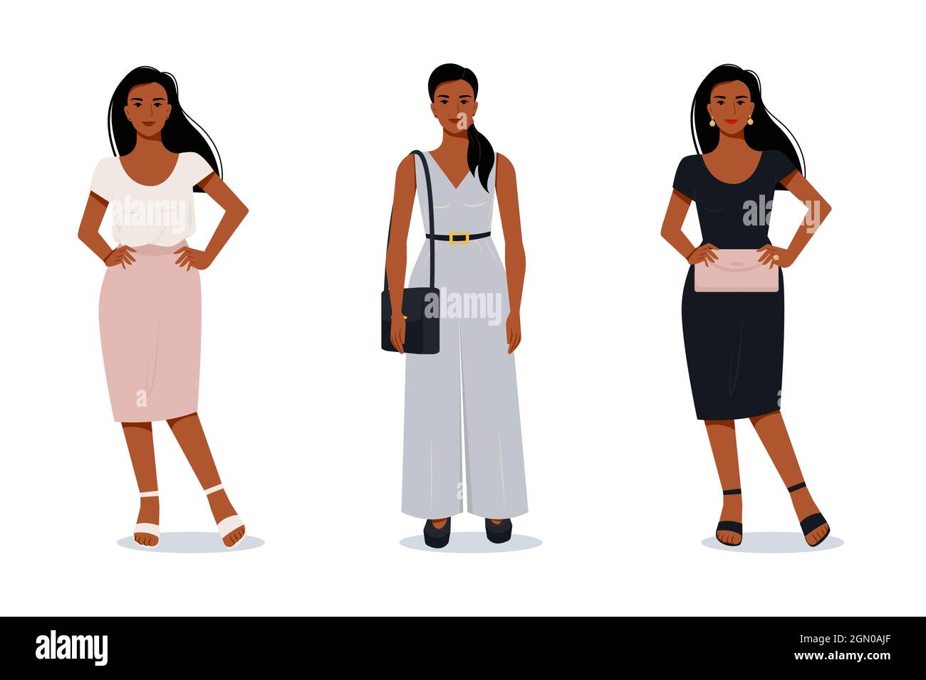 Stylish modern afro woman in flat style. Vector female characters in different clothes. Evening outfit. Office suit Stock Vector