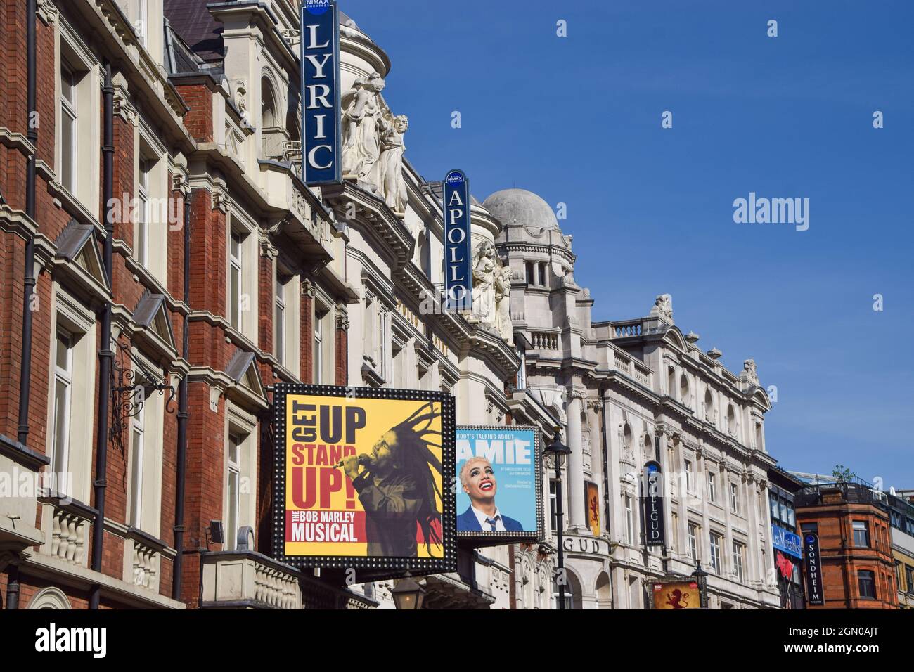 Theatres on Shaftesbury Avenue in West End, daytime view. London