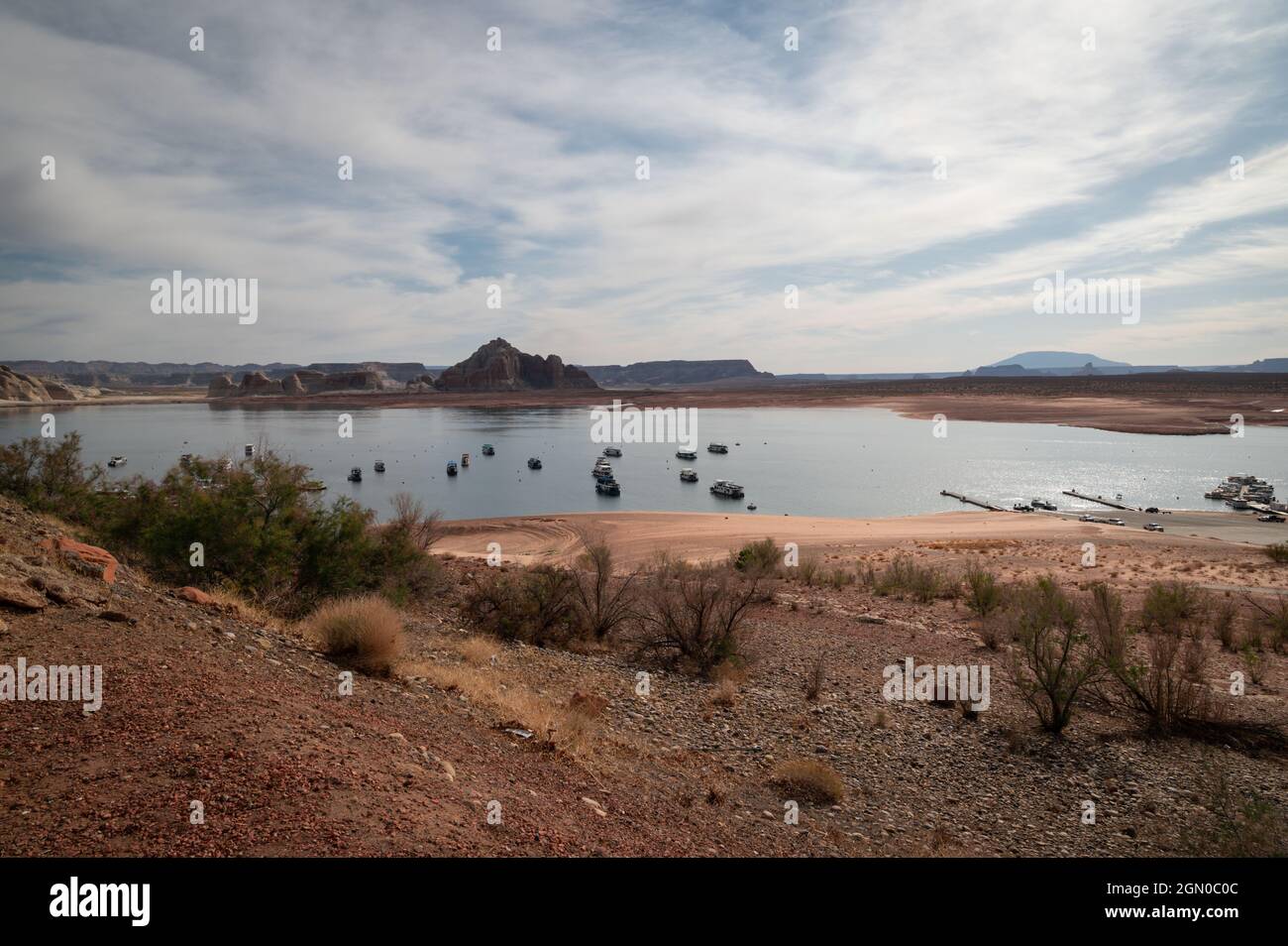 Marina at Lake Powell, Arizona, with House Boats. Low water level due