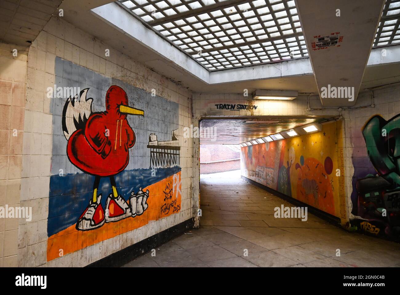 Underground subway with graffiti and mural paintings art in Worthing , West Sussex , England , UK Stock Photo