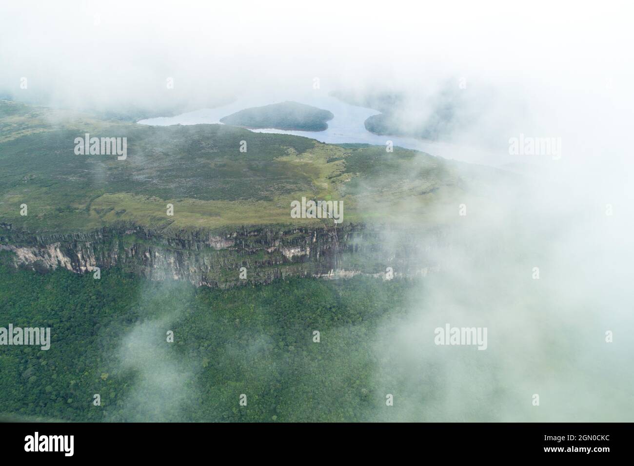 Aerial view of river Caroni and one of the tepuis (table mountains) in Venezuela Stock Photo