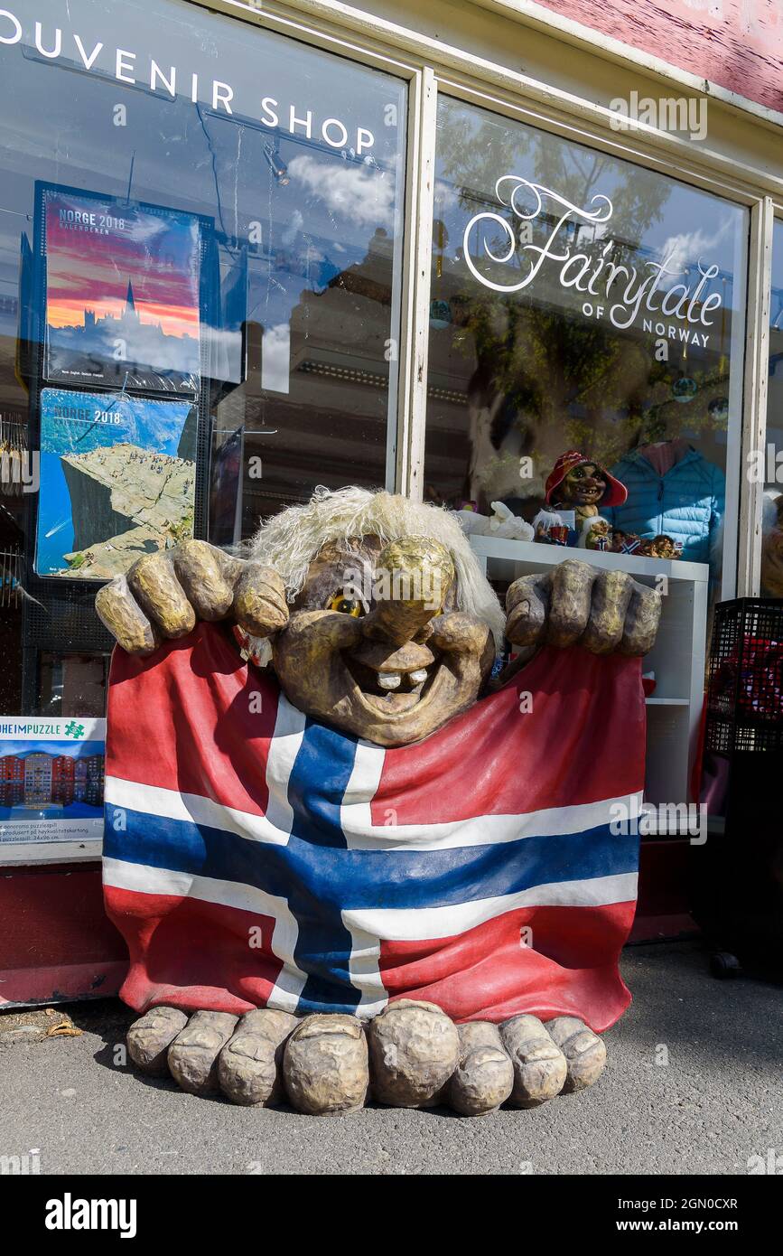 Souvenier shop with troll figure and flag, Trondheim, Norway Stock Photo