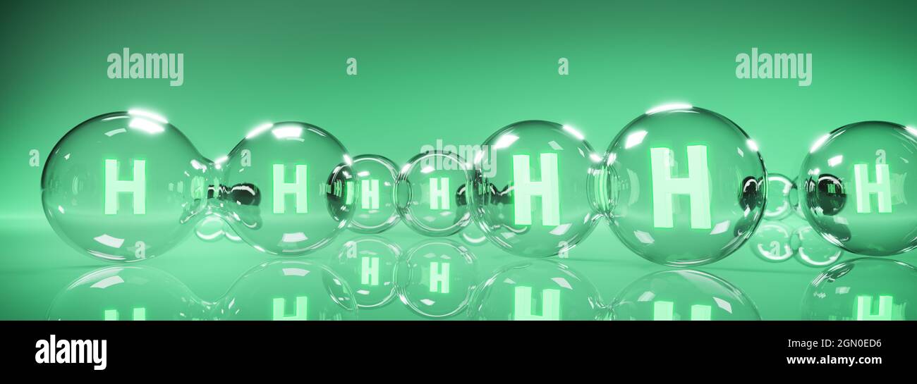 Green hydrogen energy. H2 gas molecules for production of green hydrogen energy. Renewable or sustainable electricity. Clean alternative ecological en Stock Photo