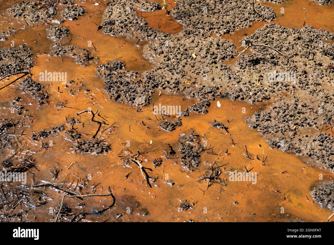 Background of brown mud with bright orange chemicals, environmental