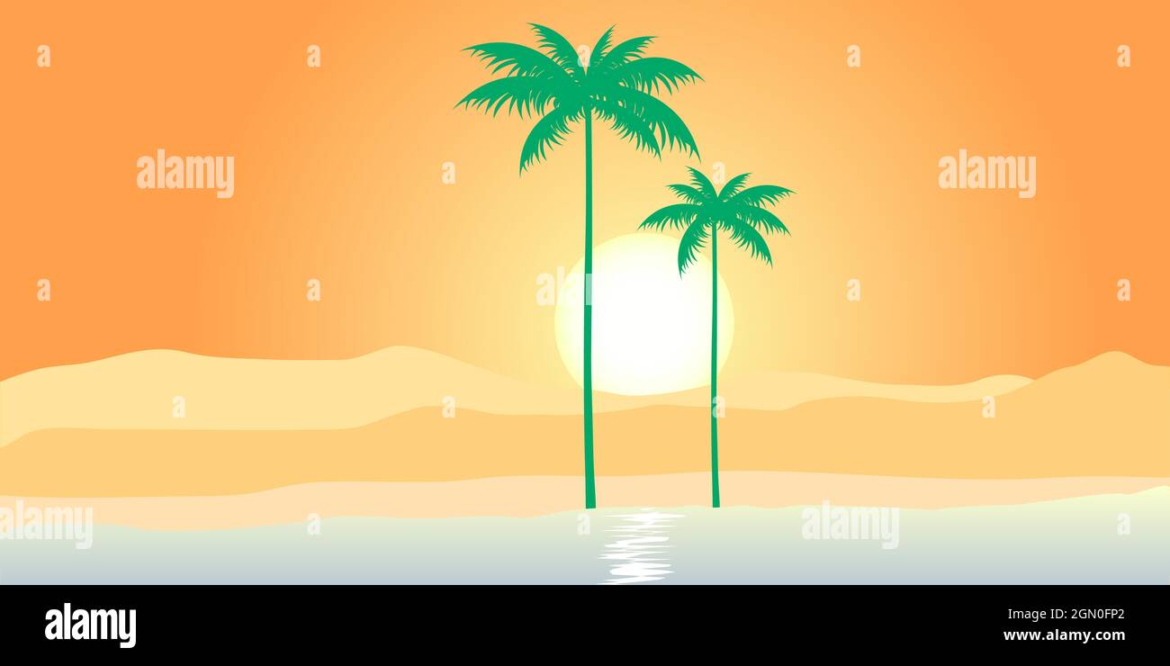 Landscape of desert with palm trees. An oasis in the desert. Vector ...