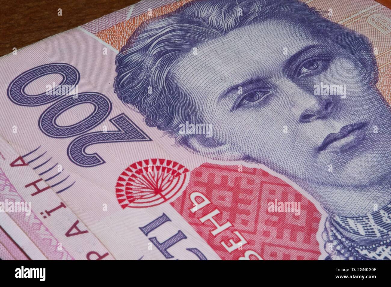 Portrait of Lesya Ukrainka in 200 hryvnia banknotes. Ukrainian paper bank notes, close-up. Stock Photo