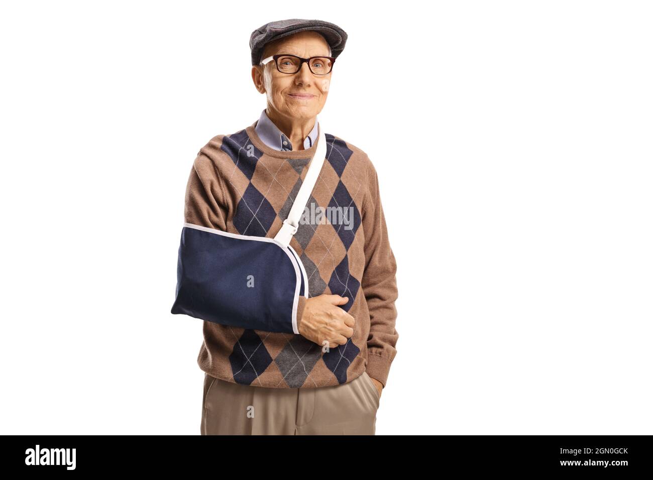 Elderly man with a broken arm wearing a splint isolated on white