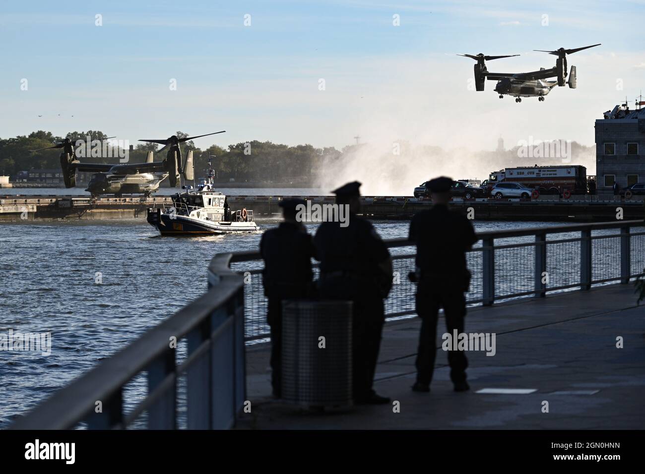 MV-22 osprey tilt-rotor aircraft fly the President’s supporting staff and Secret Service agents as President Joe Biden arrives on Marine One to the Do Stock Photo