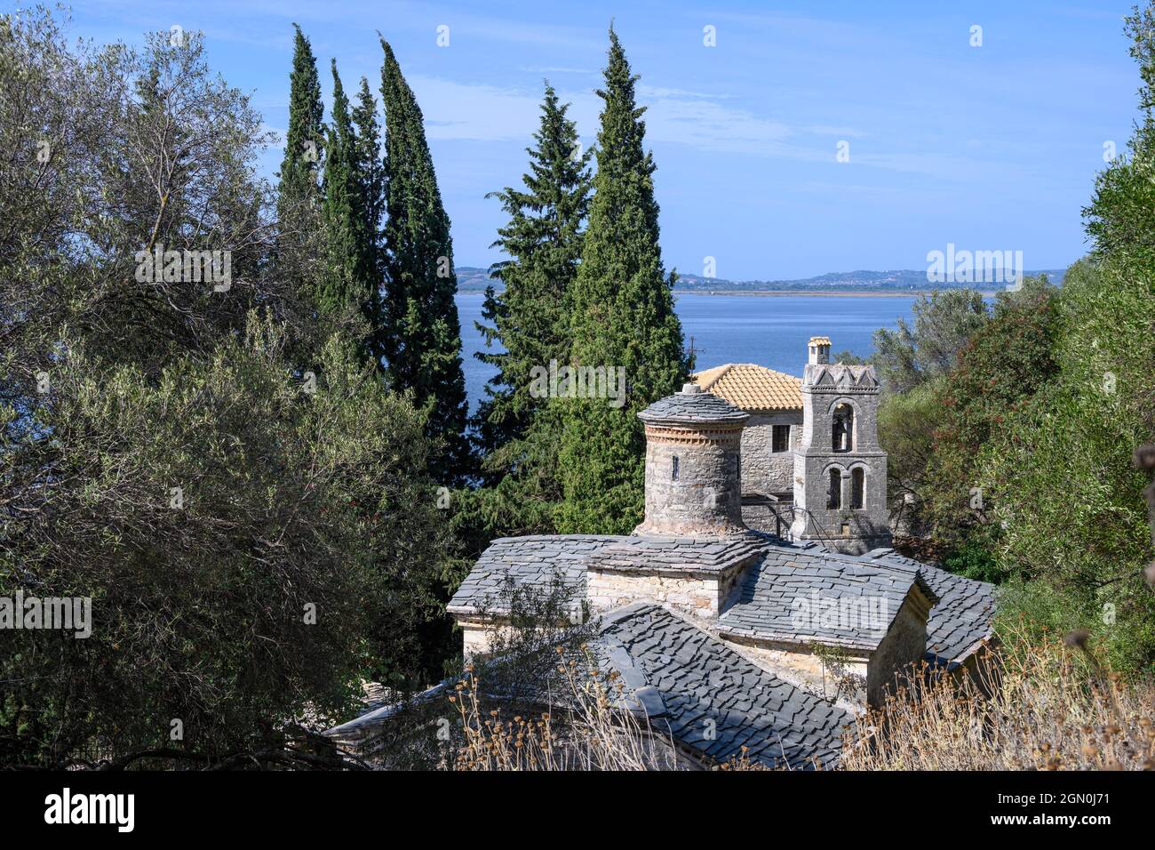 The Church and monastery of Rodia, Panagia Rodias,  in the Amvrakikos Wetlands National park,  Ambracian Gulf, Arta Municipality, Epirus, Greece. Stock Photo