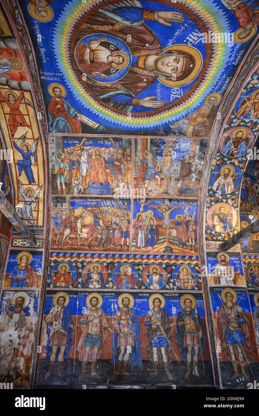 Wall paintings in the Church and monastery of Rodia, Panagia Rodias,  in the Amvrakikos Wetlands National park,  Ambracian Gulf, Arta Municipality, Ep Stock Photo