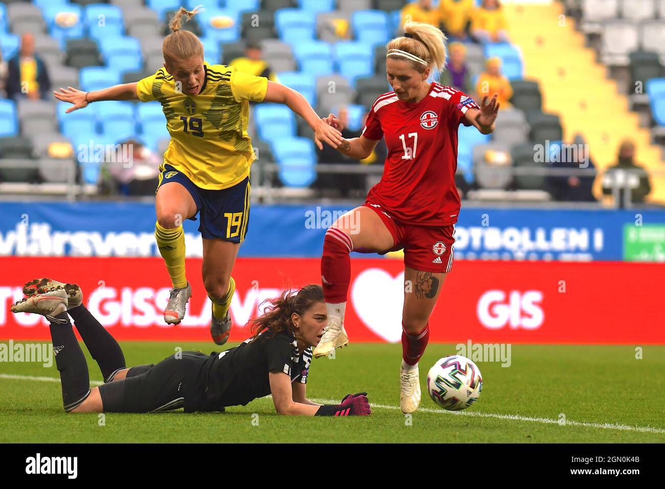 Sweden 19 Anna Anvegård, Nino Sutidze (17 Georgia) and Tatia Gabunia (12 Georgia) during the World Cup 2021 qulification game on September 21st 2021 between Sweden and Georgia at Gamla Ullevi in Gothenburg, Sweden Stock Photo