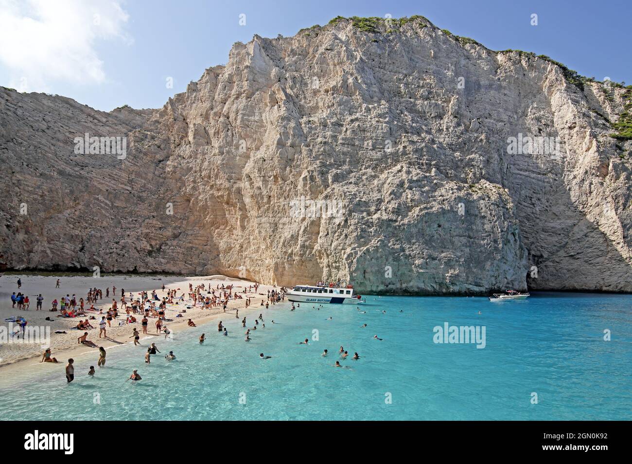 Shipwreck Beach on the west coast is a tourist magnet. It can only be reached by boat, Zakynthos Island, Ionian Islands, Greece Stock Photo