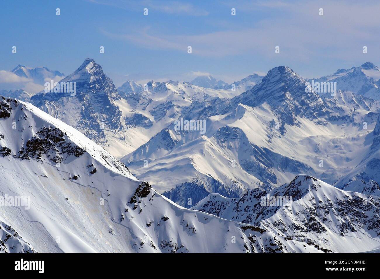 View to Piz Ela and the Bernina on the Rothorn, Lenzerheide ski area, eastern part, Graubünden, Switzerland Stock Photo