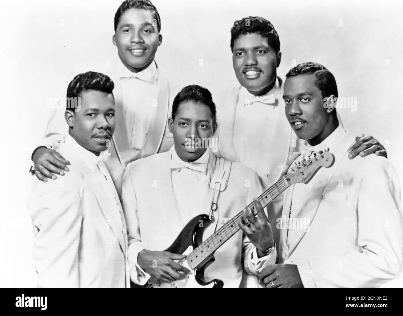 THE FALCONS Promotional photo of American vocal group about 1956 with from left: Eddie Floyd, Joe Stubbs, Lance Finnie, Mack Rice, Willie Schofield Stock Photo