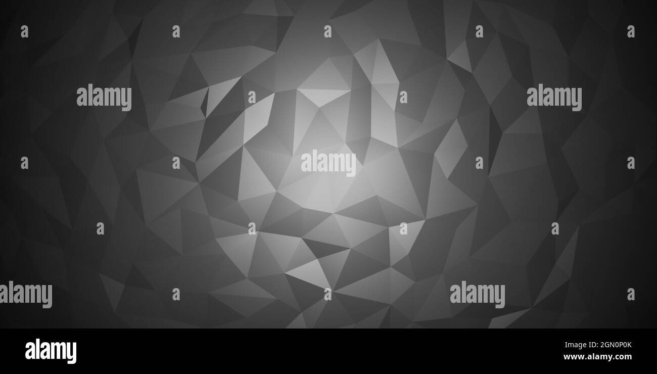 Abstract low-poly geometric background or wallpaper with polygons and triangles in monochrome grey and dark shades with central circular lighting Stock Photo