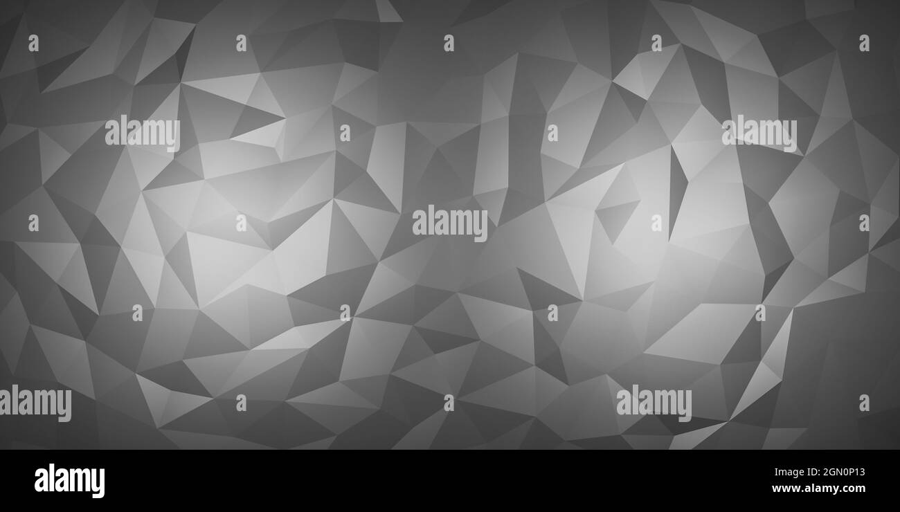Abstract low-poly geometric background or wallpaper with polygons and triangles in monochrome grey and dark shades with two circular lighting effects Stock Photo
