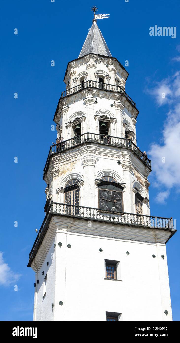 Leaning Tower of Nevyansk in summer day. The top and tiers of tower in the town of Nevyansk in Sverdlovsk Oblast, Russia built in the 18th century. Cl Stock Photo