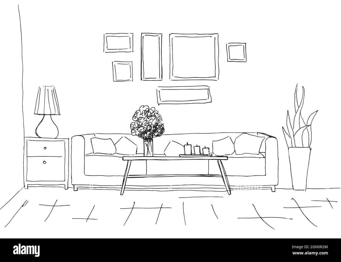 Linear sketch of an interior. Room plan. Vector illustration. Linear ...
