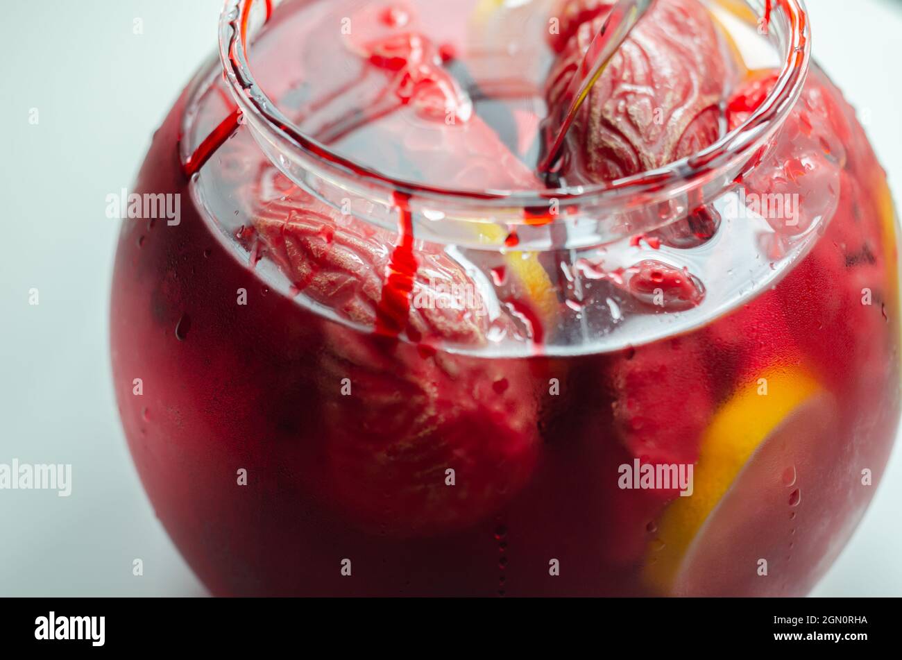 Punch prepared for Halloween party with decorative elements stylized as human organs, scary drink Stock Photo