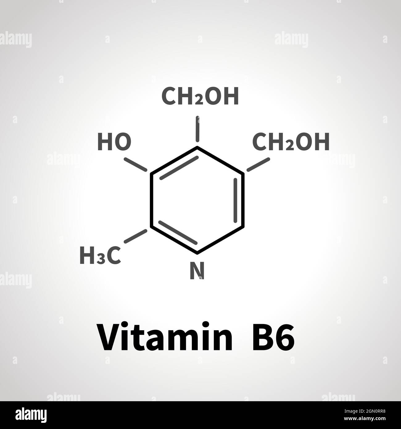 Chemical structure of B6 vitamin, B-six vitamin simple black icon Stock Vector