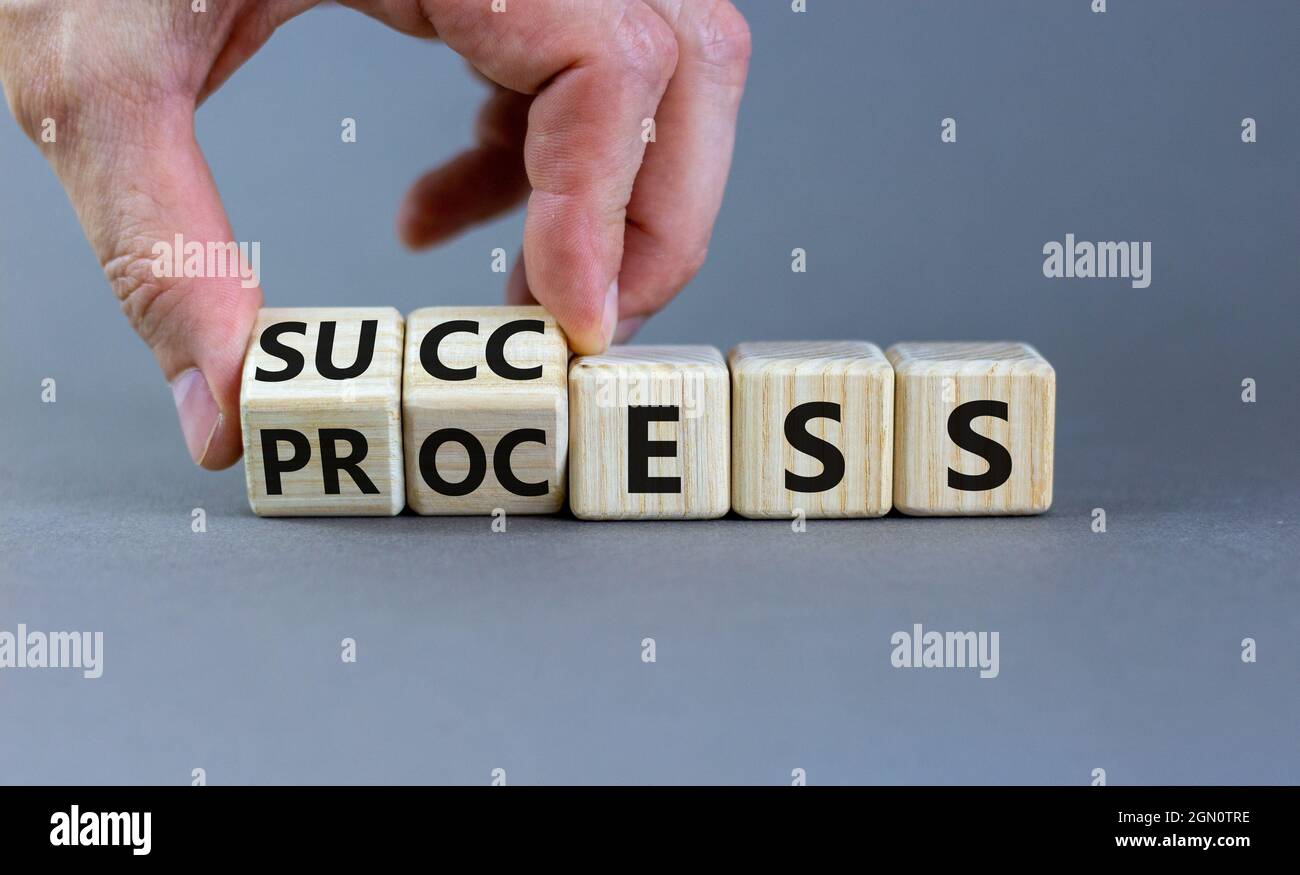 Success business process symbol. Businessman turns wooden cubes with ...