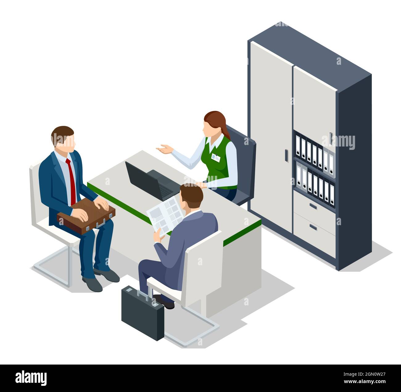 Isometric Bank Office Bank Employees Sitting Behind Tables And Serving Bank Customers 0224