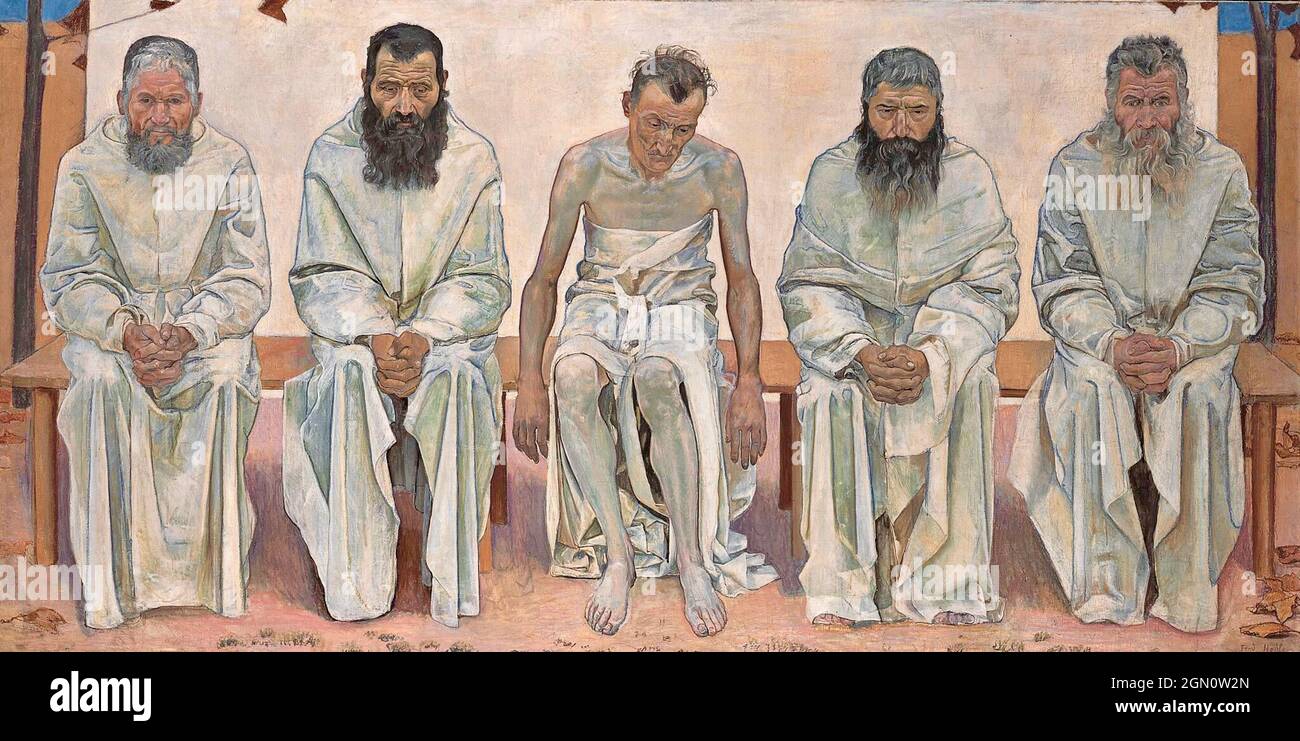Ferdinand Hodler artwork - Tired of Life - Five solitary individuals together but apart. Stock Photo