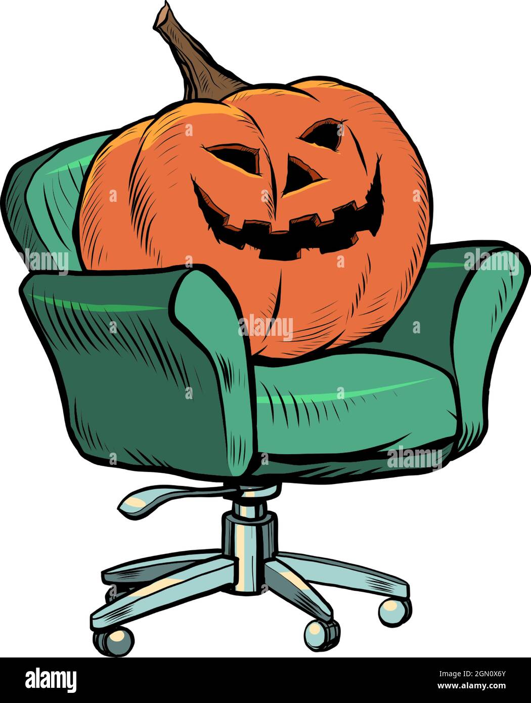 Halloween pumpkin is sitting in a chair. Isolate on a white background. Interviews, home comfort. Seasonal holiday Stock Vector