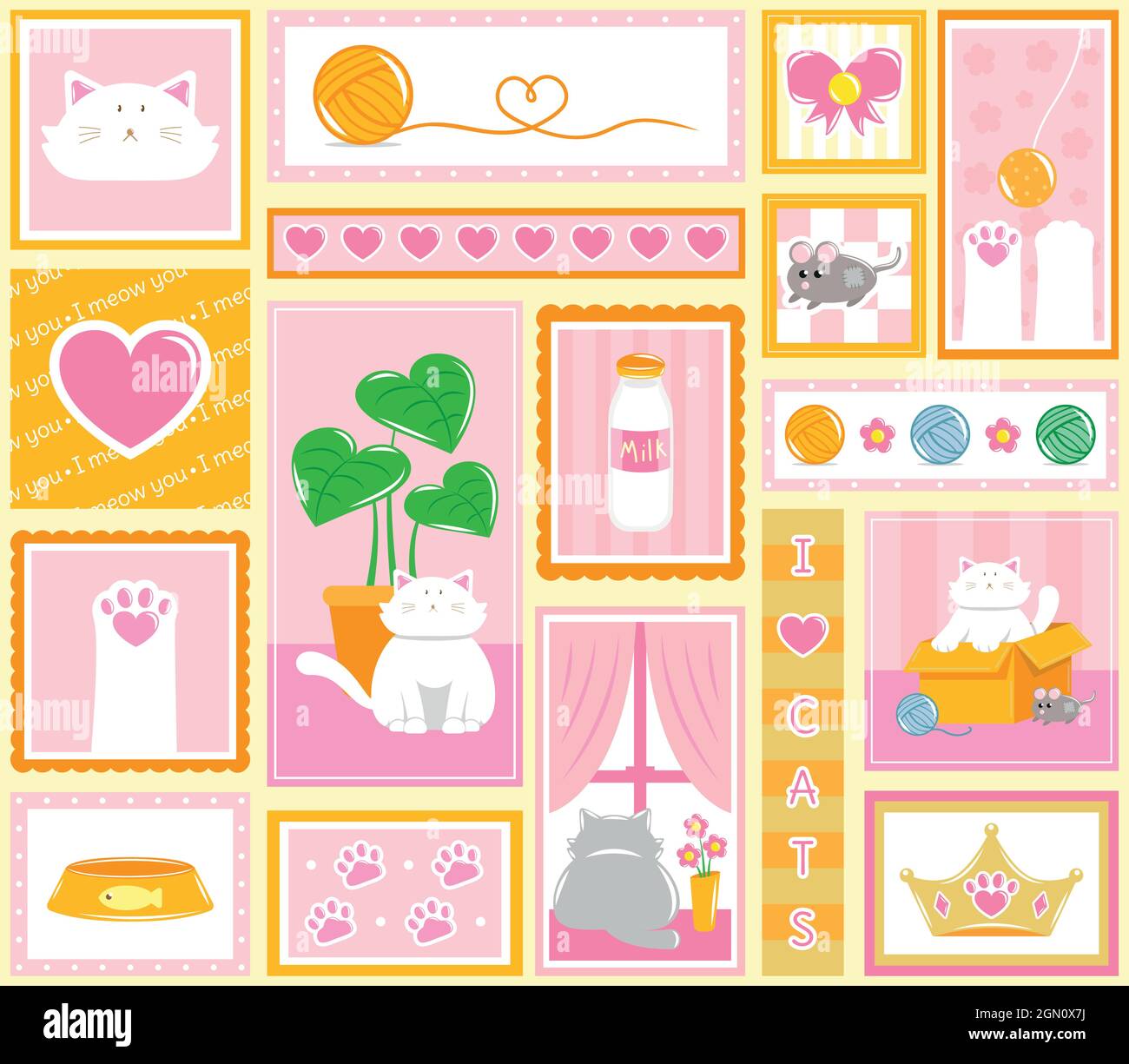 Nice white cat's lifestyle pattern Stock Vector