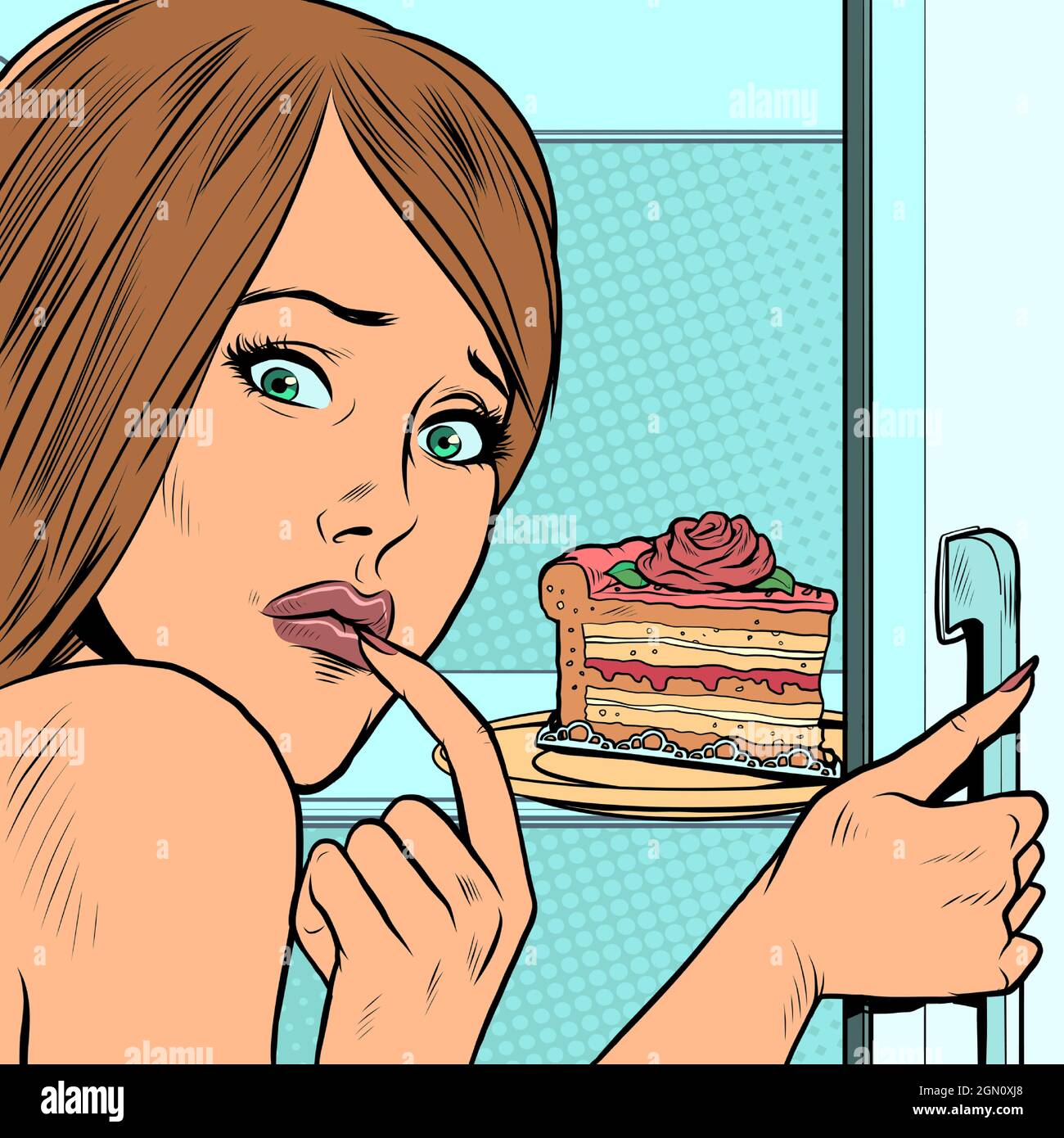 a woman with a piece of cake near the refrigerator. The temptation of dessert Stock Vector