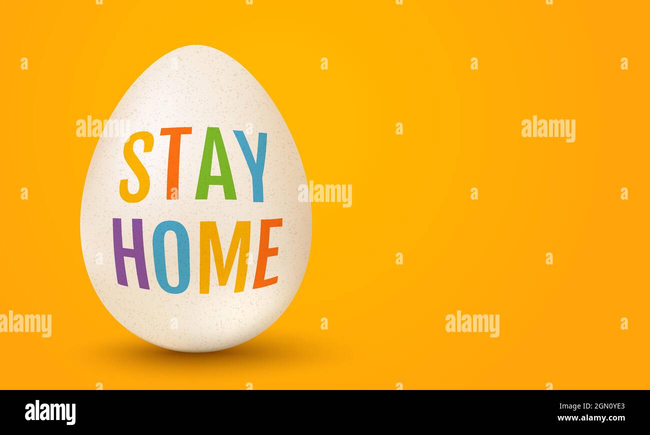 Vector white egg for Easter with text stay home on yellow background. Vector illustration of a white egg with text stay home for Easter. Vector egg on Stock Vector